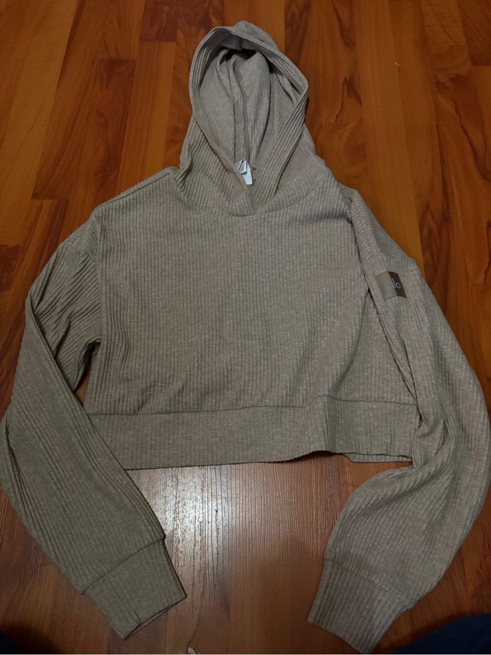 ALO Yoga Ribbed Cropped Hoodie in Taupe